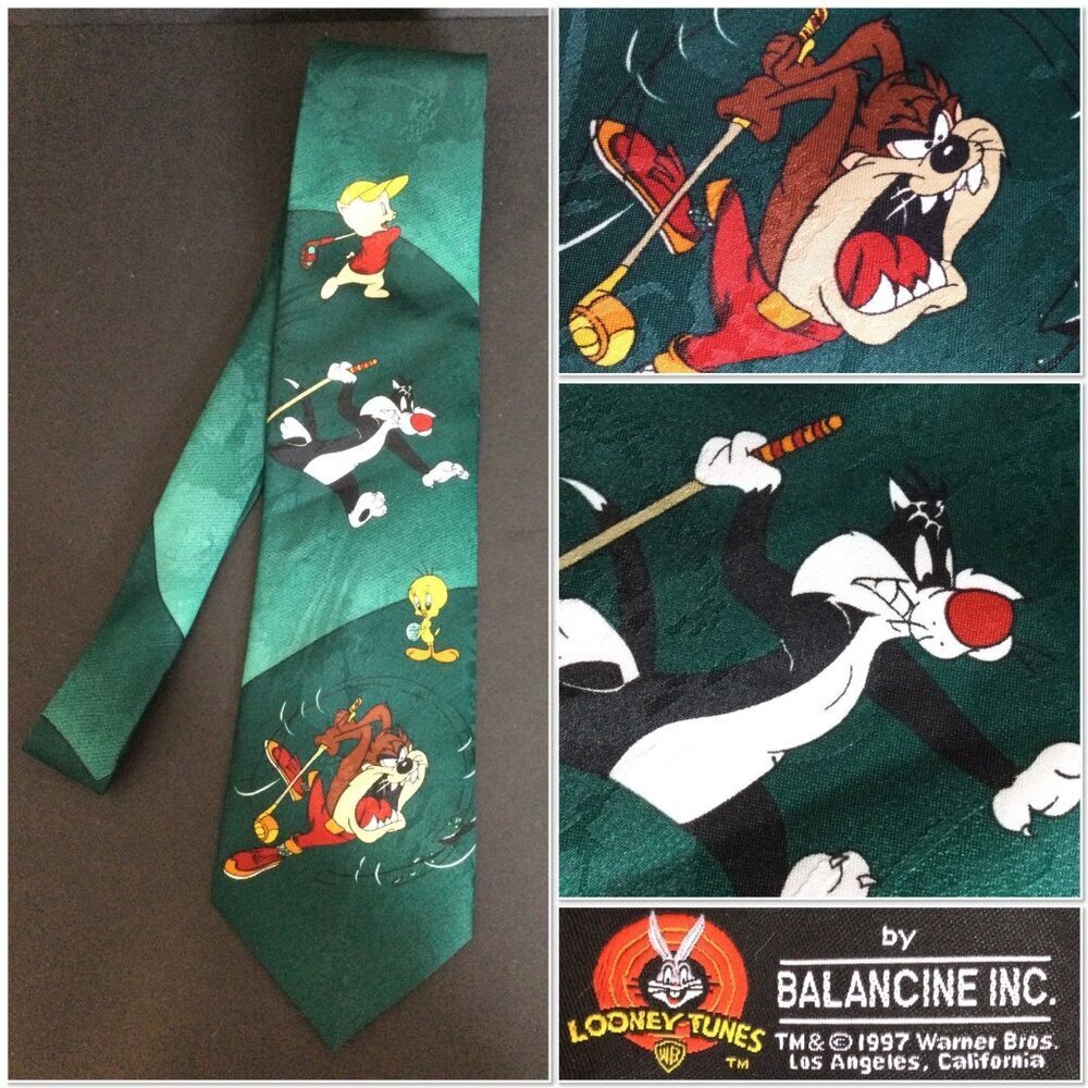 Vintage 90s Looney Tunes Tie Mens Golf Necktie Tweety Taz Porky Pig